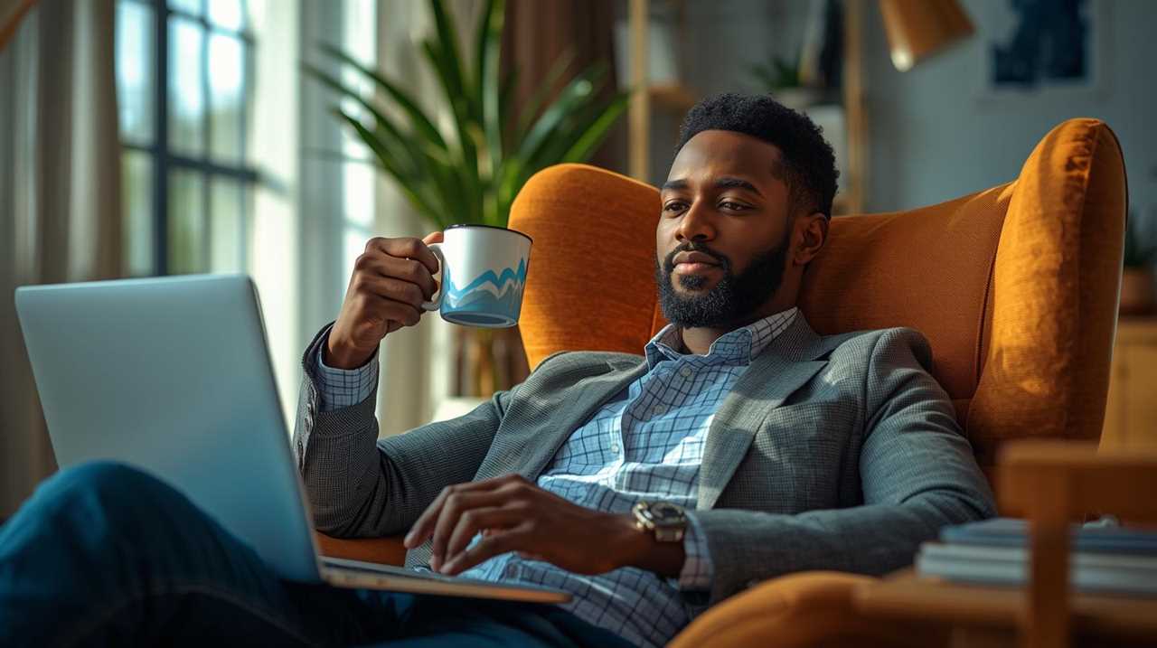 Entrepreneur relaxed with coffee, reviewing marketing results on laptop