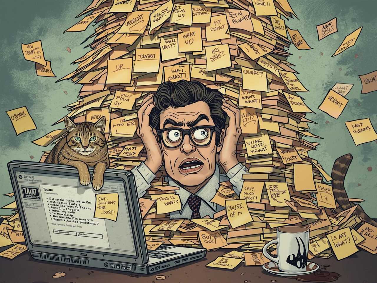 A frazzled entrepreneur buried under a mountain of sticky notes labeled “URGENT,” “FOLLOW UP,” and “WAIT WHAT?” while their laptop shows dozens of unread messages.