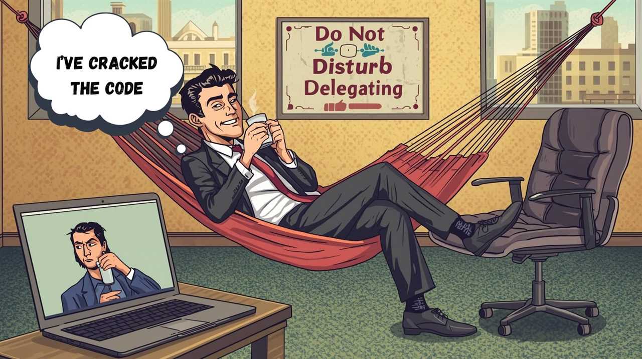A relaxed business owner lounging in a hammock between two office chairs, sipping coffee while their laptop shows a virtual assistant hard at work.