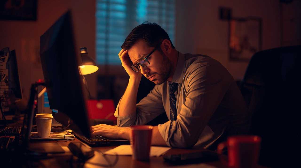 Entrepreneur working late at night surrounded by computer screens, showing burnout and fatigue.
