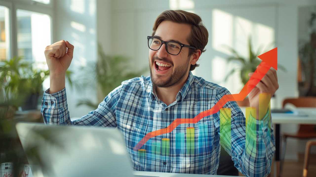 Entrepreneur celebrating online growth while viewing an upward-trending analytics dashboard.