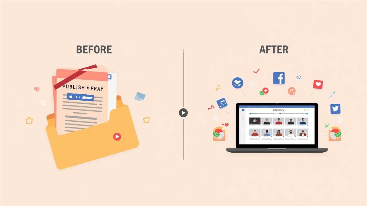 CTA IMAGE — Before/After split: “Publish & Pray” vs. multi-format distribution (4:5 or 1:1).