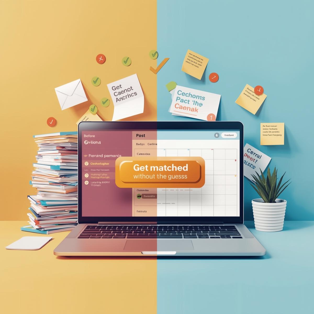 CTA — split Before/After showing gentle chaos (left) vs. calm, scheduled workflow (right)