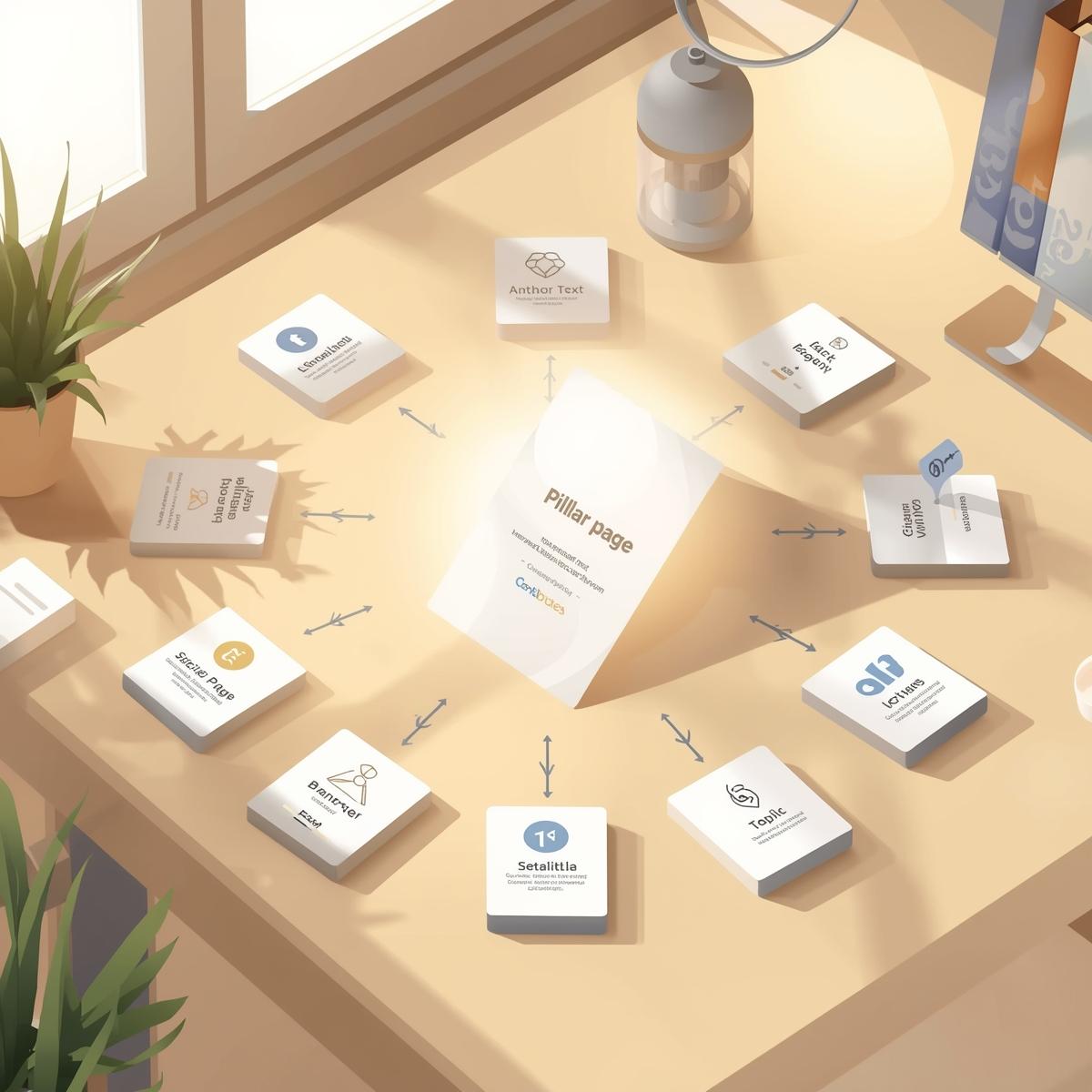 CTA — visual backlinking concept: pillar page hub with multiple micro-cards pointing back