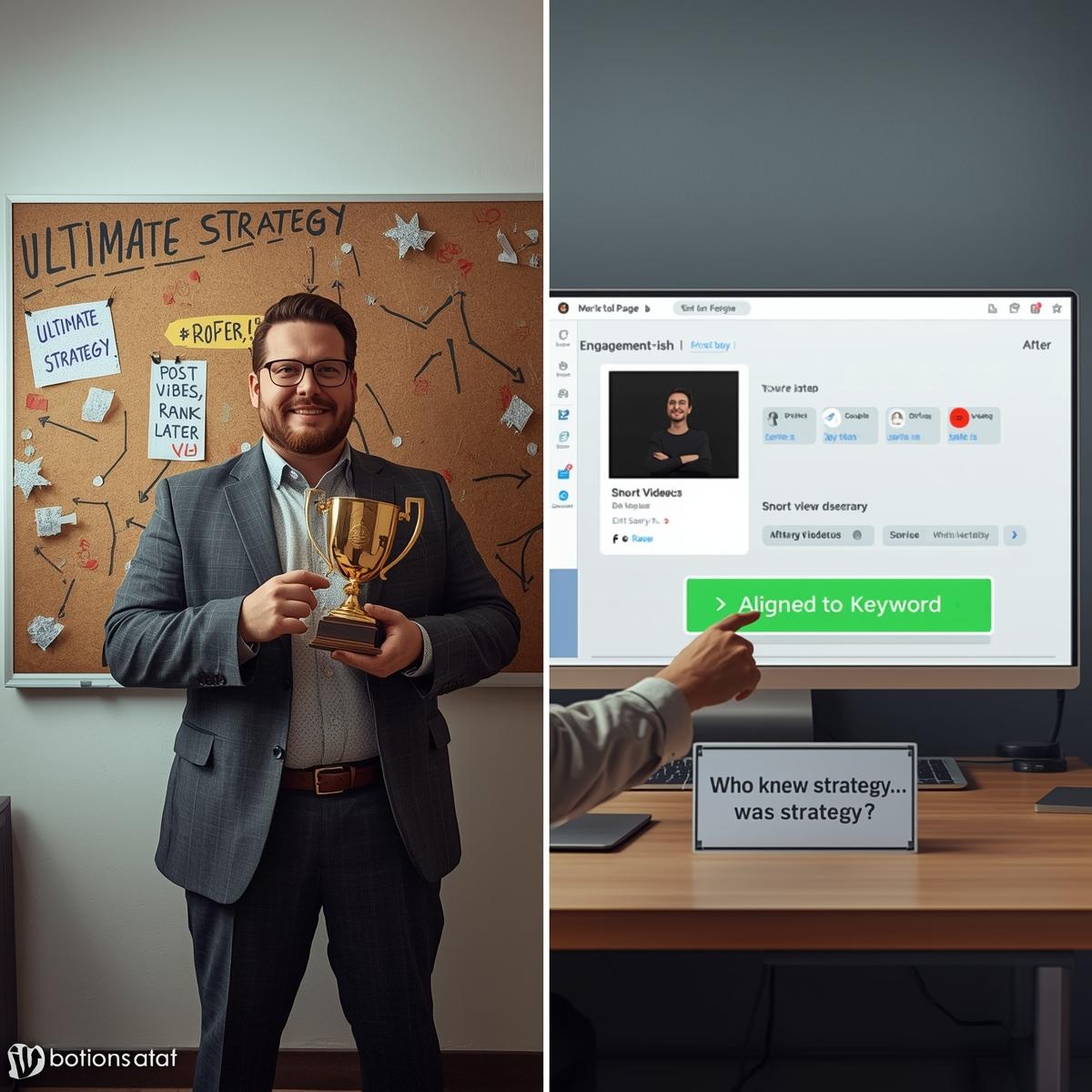 CTA — sarcastic split-screen “Before/After,” chaos vs. keyword-aligned short videos