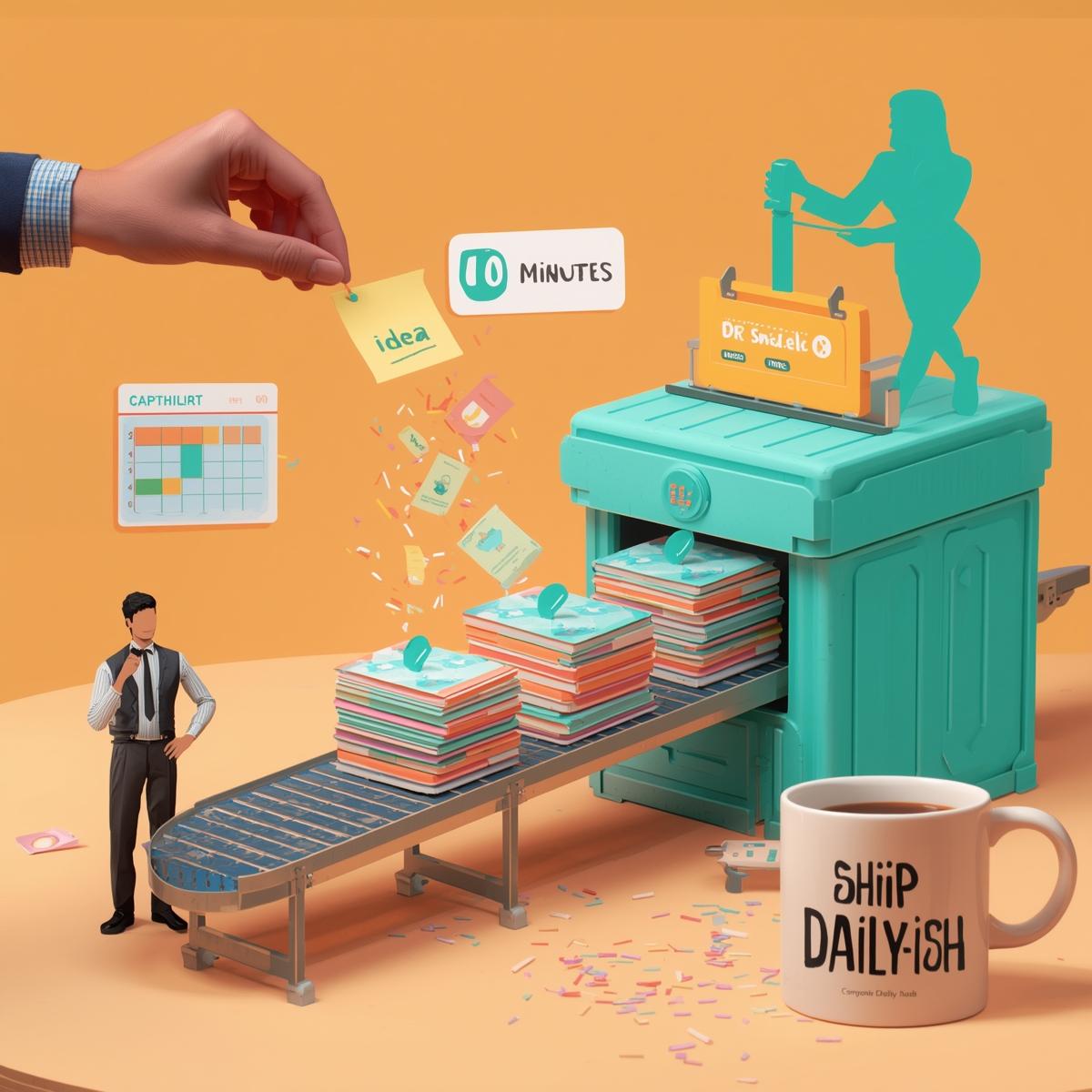 CTA — Playful content factory scene turning one “Idea” into a stack of ready-to-post videos