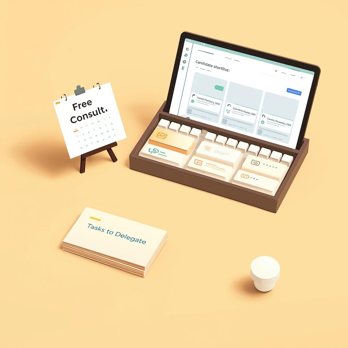 CTA — clean desktop still life centered on a “Free Consult” calendar card, no people