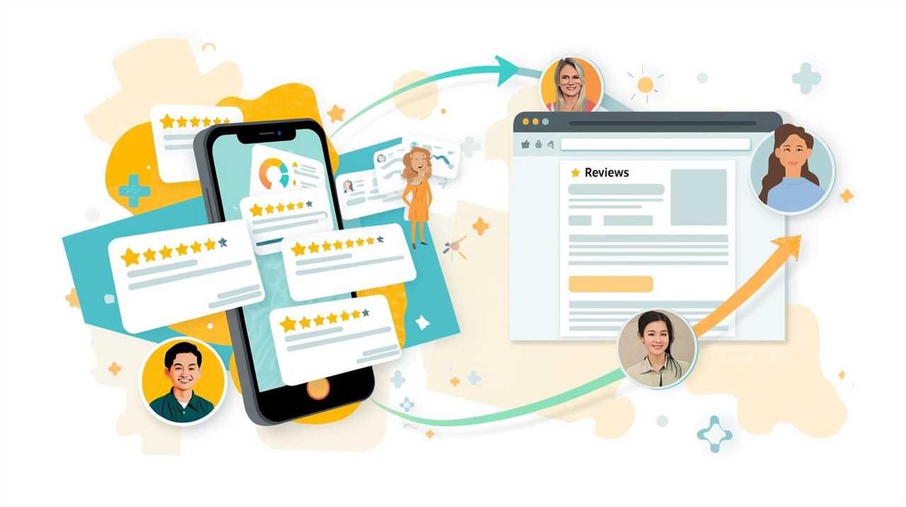 High-energy collage of customer reviews turning into website and social media content, symbolizing a 24/7 marketing engine