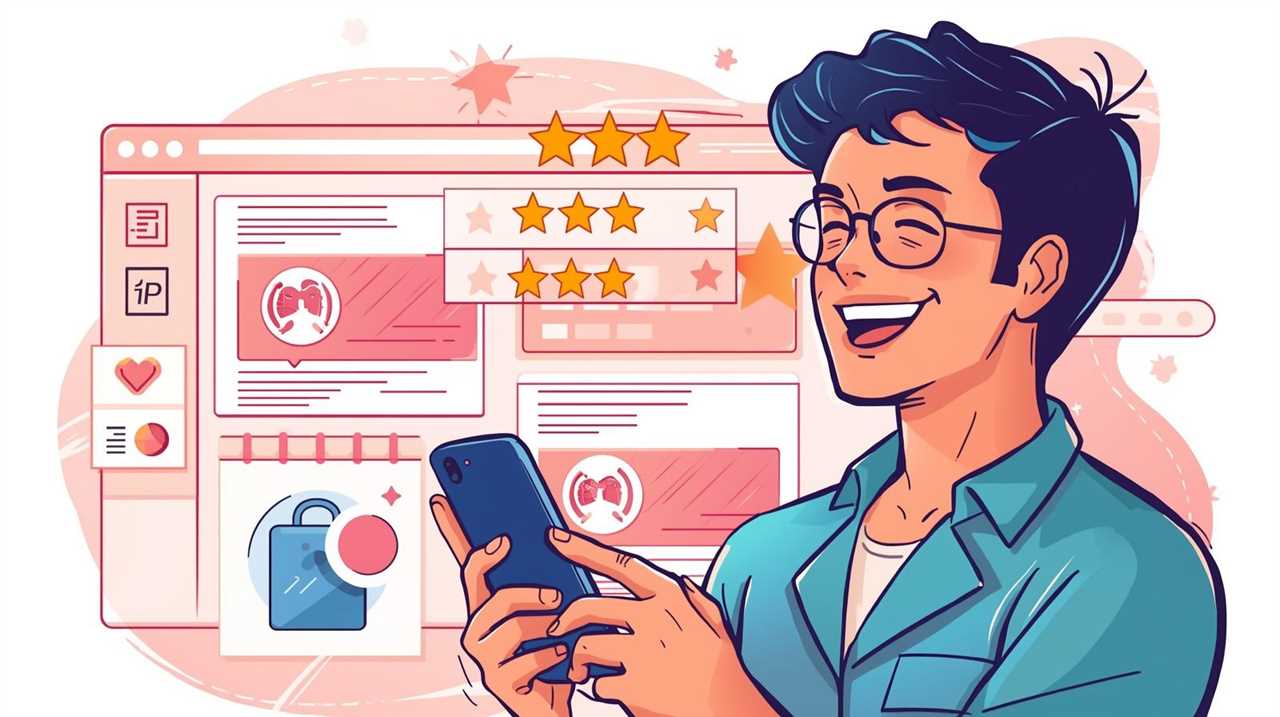 Relaxed small business owner smiling while checking their phone, with notifications and review stars appearing above the screen