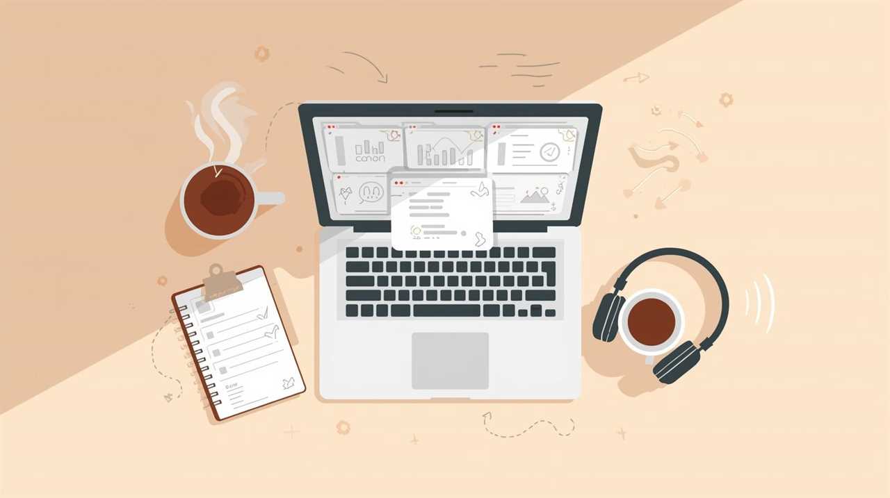 Modern workspace with laptop dashboard showing content tiles and feeds flowing together